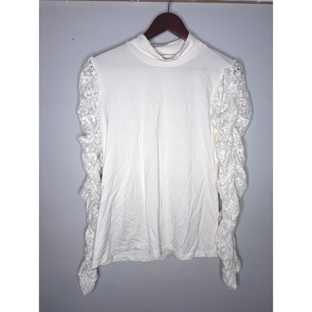 Maeve Anthropologie Lace Puff Sleeve Top Womens Large Ivory Mock Neck Romantic